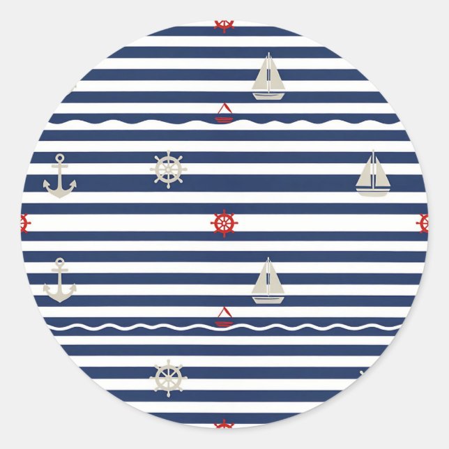 Nautical Anchor Sailboat Stripe Pattern Classic Round Sticker (Front)