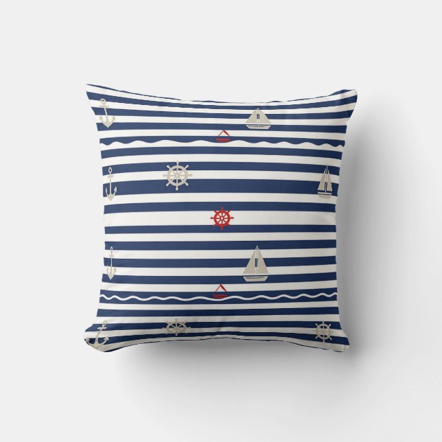 Nautical Anchor Sailboat Stripe Pattern Cushion (Front)