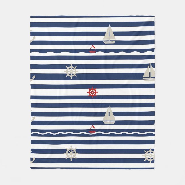 Nautical Anchor Sailboat Stripe Pattern Fleece Blanket (Front)
