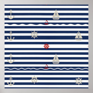 Nautical Anchor Sailboat Stripe Pattern Poster
