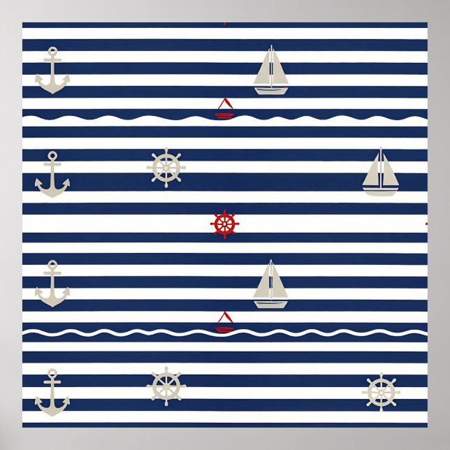 Nautical Anchor Sailboat Stripe Pattern Poster (Front)