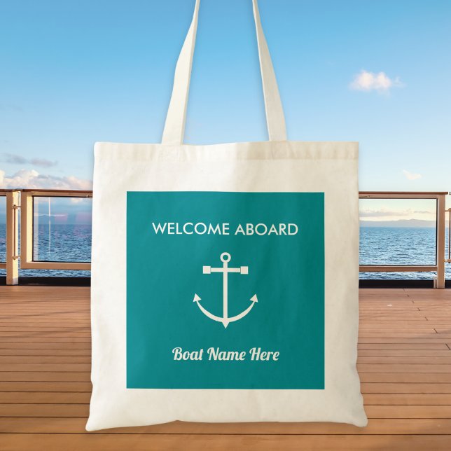 Nautical Anchor Sailing Turquoise Welcome Aboard Tote Bag (A nautical tote bag with 'Welcome Aboard' greeting, anchor picture, and custom text to personalize)