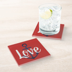 nautical ANCHOR + script LOVE   Glass Coaster