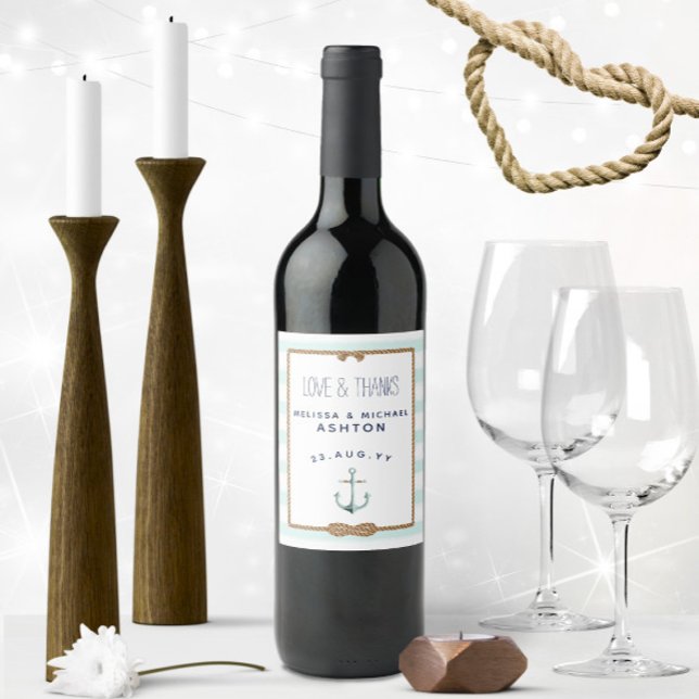 Nautical Anchor Sea Foam & White Event Wedding Wine Label (Nautical Love & Thanks Wedding Wine Bottle Labels with Pastel Mint Nautical Stripes & Infinity Knot)