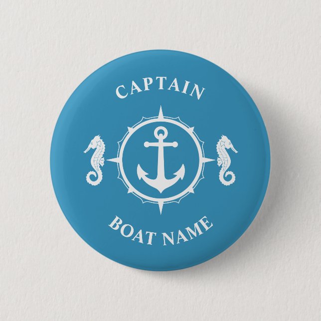 Nautical Anchor Seahorse Captain Boat Name Blue 6 Cm Round Badge (Front)