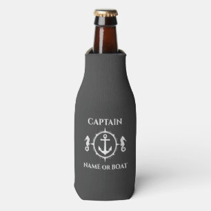 Nautical Anchor Seahorse Captain Boat Name Grey Bottle Cooler