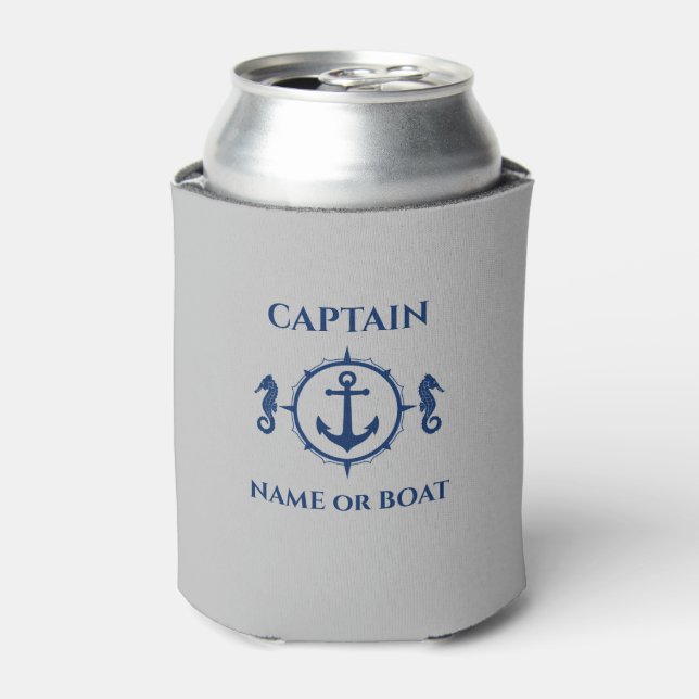 Nautical Anchor Seahorse Captain Boat Name Lt Grey Can Cooler (Can Front)