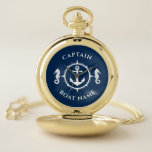 Nautical Anchor Seahorse Captain Boat Name Navy Pocket Watch<br><div class="desc">A Nautical Anchor and Seahorse with Captain Rank or other title and Your Name or Boat Name on a Stylish Pocket Watch. This personalized Pocket Watch will not just time but also is a fun conversation piece. Perfect for Father's Day but also makes a great gift for any occasion.</div>