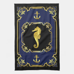 Nautical anchor/seahorse gilded black/gold/blue tea towel