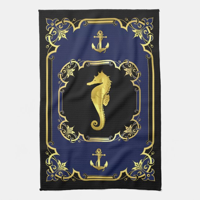 Nautical anchor/seahorse gilded black/gold/blue tea towel (Vertical)