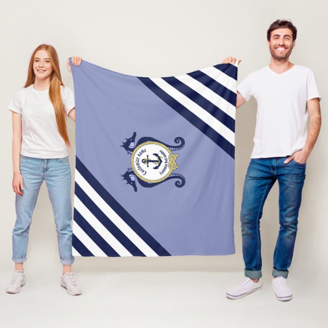 Nautical anchor/seahorse/gold/customise name  thro fleece blanket (In Situ)