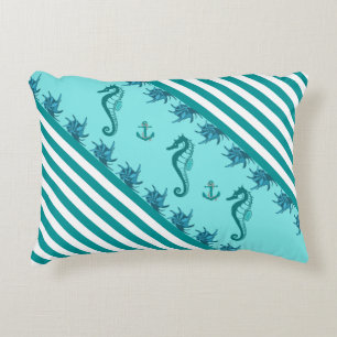 Nautical Anchor/Seahorse/shells and Aqua stripes Decorative Cushion