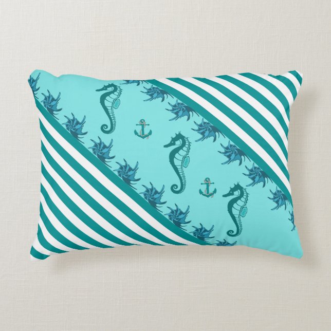 Nautical Anchor/Seahorse/shells and Aqua stripes Decorative Cushion (Front)