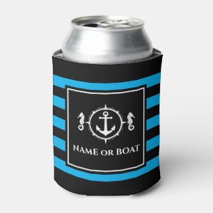 Nautical Anchor Seahorse Your Name or Boat Blue Can Cooler