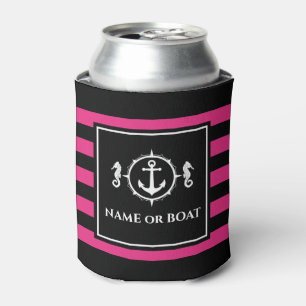 Nautical Anchor Seahorse Your Name or Boat Pink Can Cooler