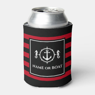 Nautical Anchor Seahorse Your Name or Boat Red Can Cooler