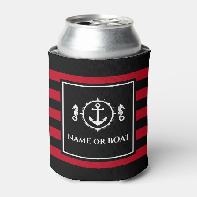 Nautical Anchor Seahorse Your Name or Boat Red Can Cooler (Can Front)