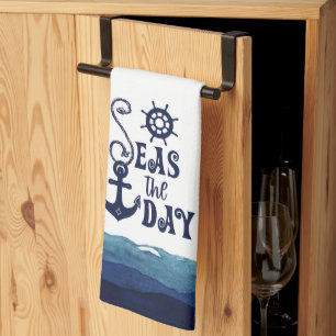 Nautical Anchor SEAS THE DAY Navy Blue White Tea Towel
