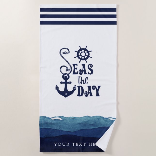 Nautical Anchor SEAS THE DAY Navy Personalised Beach Towel (Front)