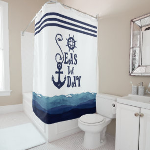 Nautical Anchor SEAS THE DAY Watercolor Navy White Shower Curtain