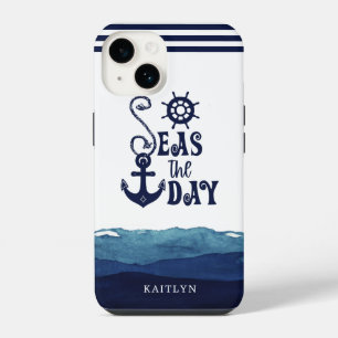 Nautical Anchor SEAS THE DAY Watercolor Waves Navy iPhone 14 Case