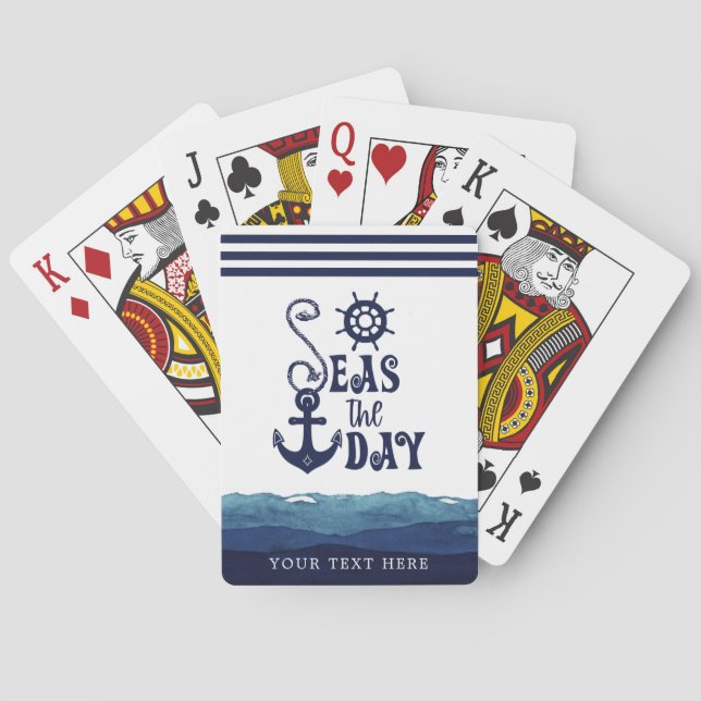 Nautical Anchor SEAS THE DAY Watercolor Waves NavY Playing Cards (Back)