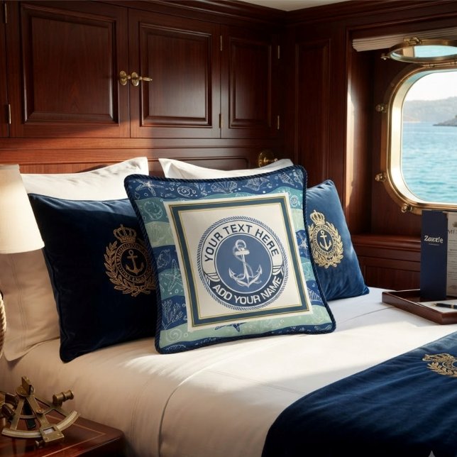 Nautical Anchor & Shells Monogram Navy Teal Cushion (Creator Uploaded)