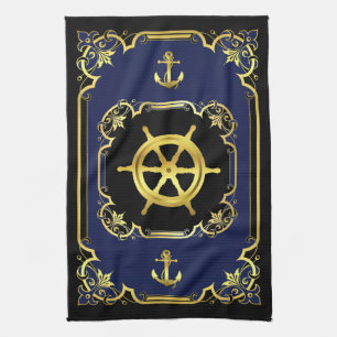 Nautical anchor/ship wheel gilded black/gold/blue tea towel