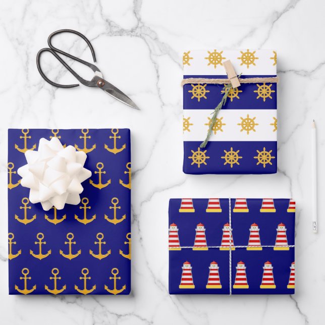 Nautical anchor & ship wheel pattern on navy blue  wrapping paper sheet (Front)