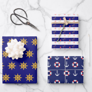Nautical anchor & ship wheel pattern on navy blue wrapping paper sheet