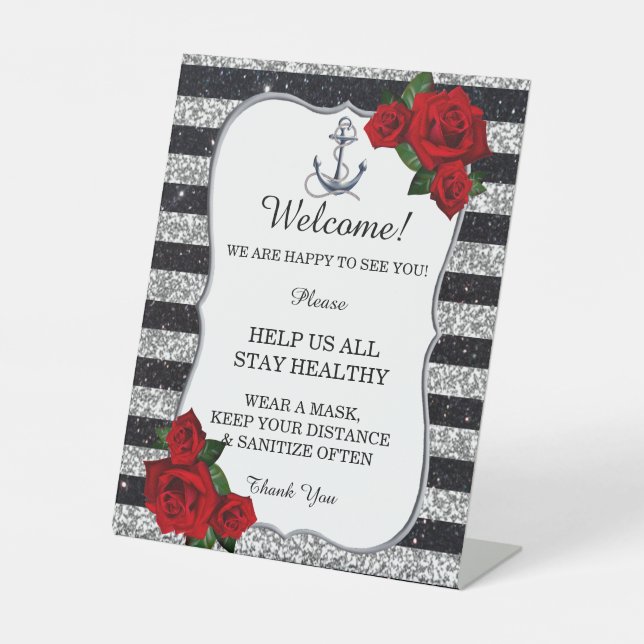 Nautical Anchor Silver Black Stripe Wedding Safety Pedestal Sign (Front)