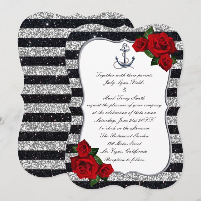 Nautical Anchor Silver Black Stripes Wedding Invitation (Front/Back)