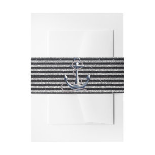 Nautical Anchor Silver Black Stripes Wedding Invitation Belly Band