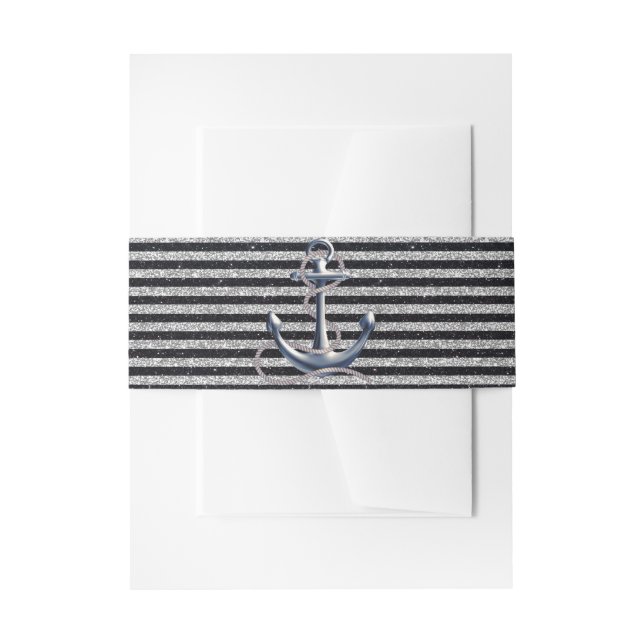 Nautical Anchor Silver Black Stripes Wedding Invitation Belly Band (Front Example)