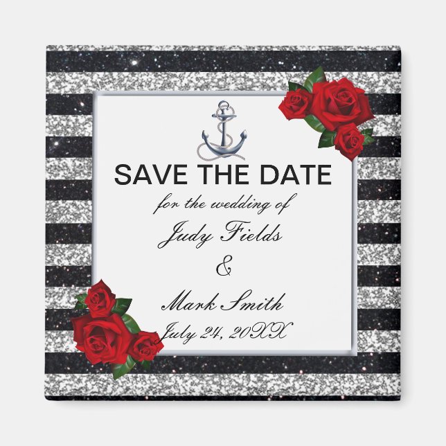 Nautical Anchor Silver Black Stripes Wedding Magnet (Front)
