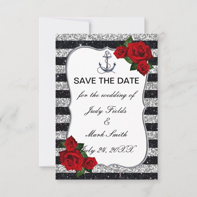Nautical Anchor Silver Black Stripes Wedding RSVP Card (Front)