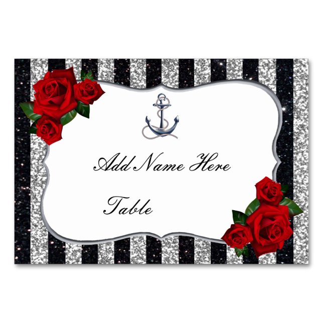 Nautical Anchor Silver Black Stripes Wedding Table Number (Front)