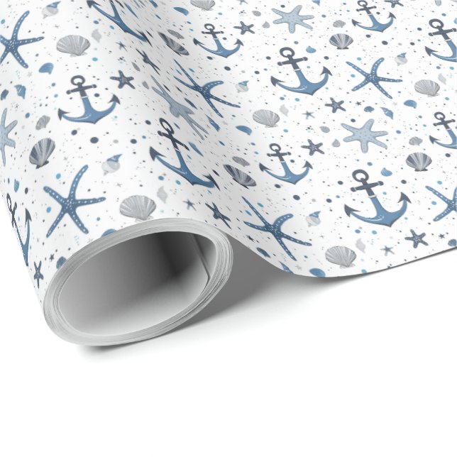 Nautical Anchor Starfish Blue and White Gift Wrap (Roll Corner)
