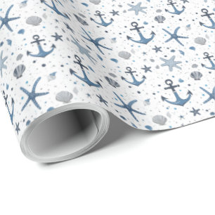Nautical Anchor Starfish Blue and White Wrapping Paper