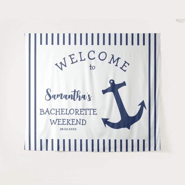Nautical Anchor Stripe Bachelorette Party Backdrop Tapestry (Front (Horizontal))