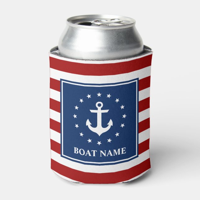 Nautical Anchor Striped Boat Name RWB Stars Can Cooler (Can Front)