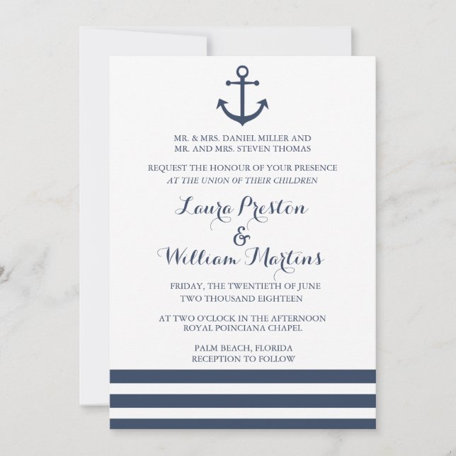 Nautical Anchor & Striped Wedding Invitation (Front)