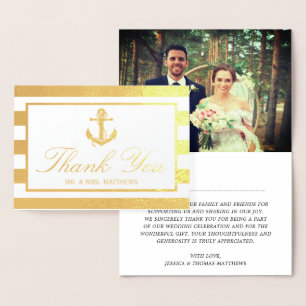 Nautical Anchor Stripes Photo Wedding Thank You Foil Card