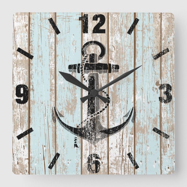 Nautical Anchor Stripes Wood Square Wall Clock (Front)