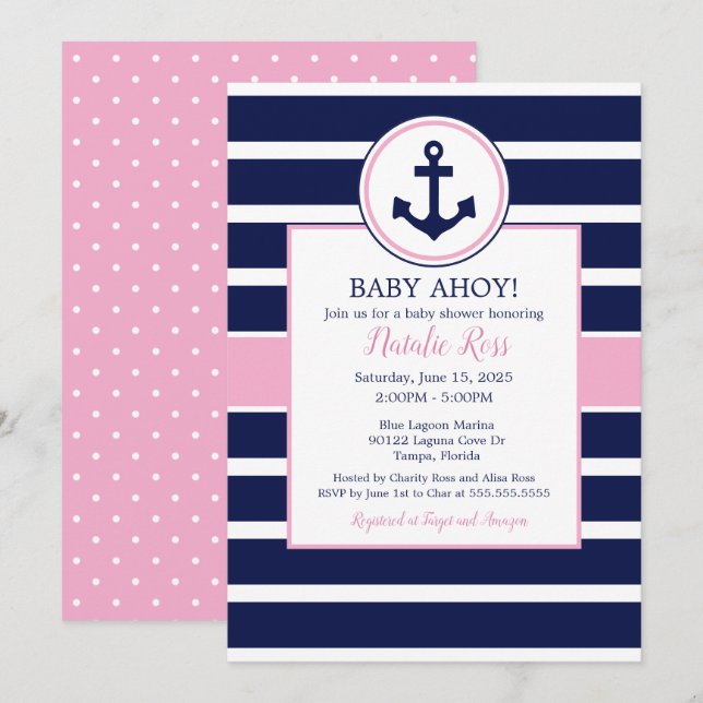 Nautical Anchor Summer Ahoy! Girl Baby Shower Invitation (Front/Back)
