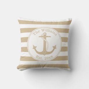 Nautical Anchor Tan White Stripes Family Name Cushion