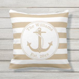 Nautical Anchor Tan White Stripes Family Name Cushion