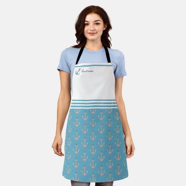 Nautical anchor teal blue white grey monogram name apron (Worn)