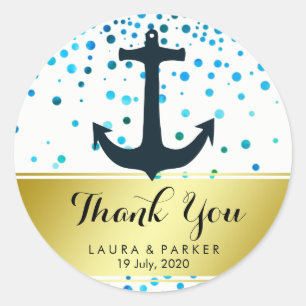 Nautical Anchor Thank You Wedding Blue Confetti Classic Round Sticker
