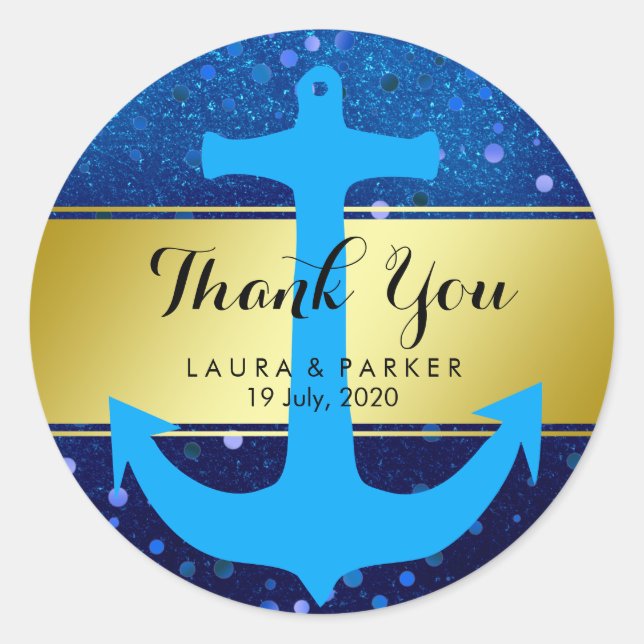 Nautical Anchor Thank You Wedding Blue Confetti Classic Round Sticker (Front)